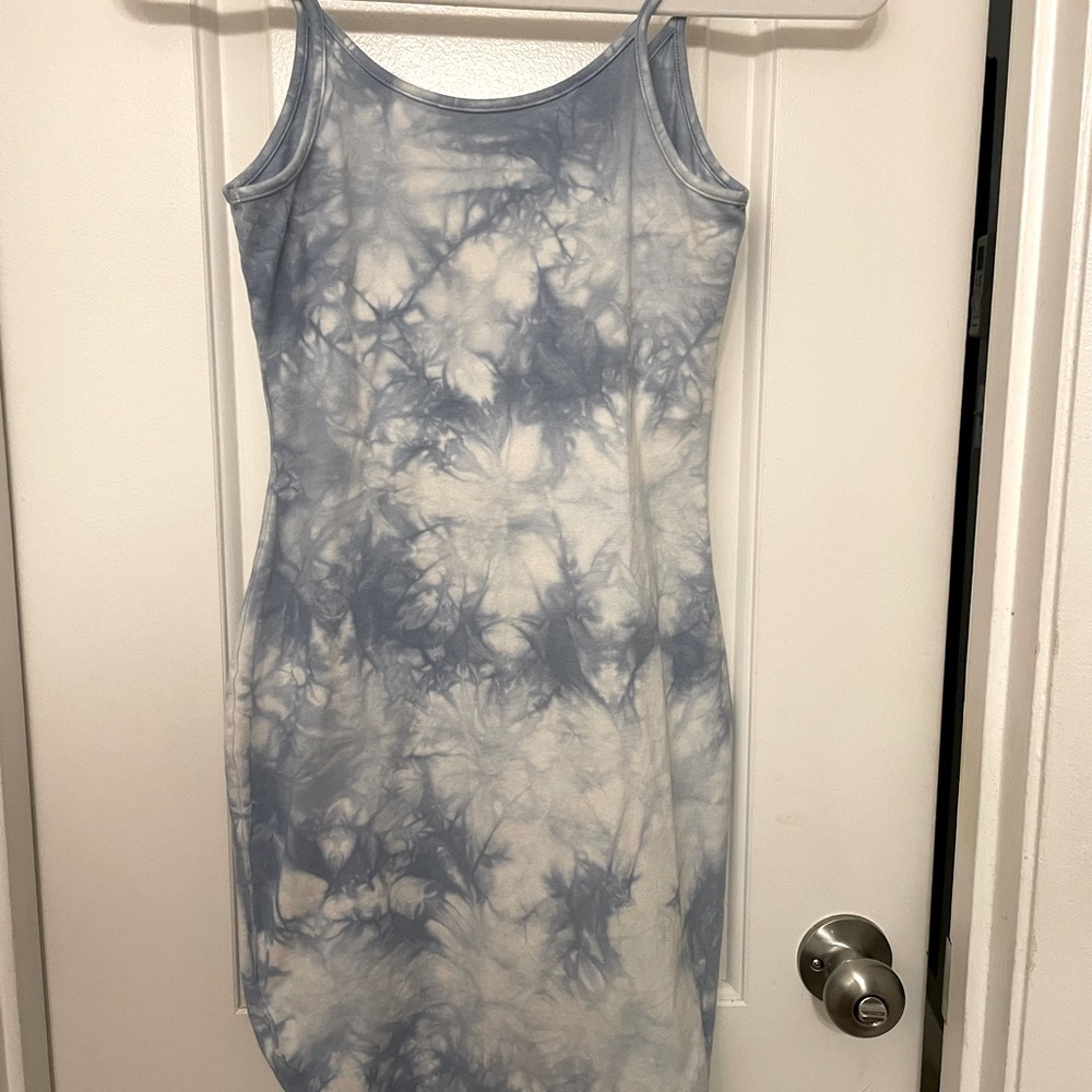 Blue tie dye short cotton dress with slit size small